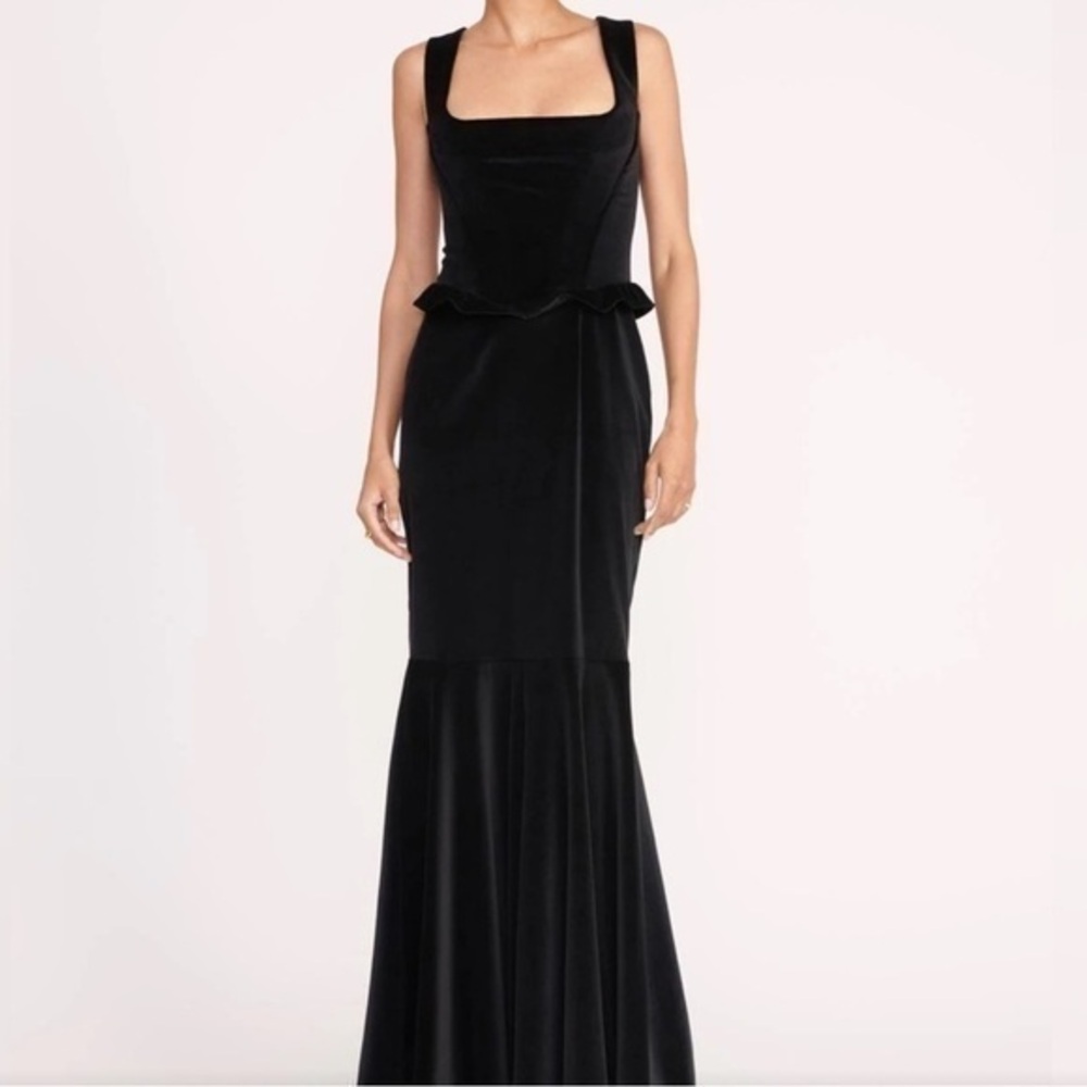 STAUD Black Vevet Square Neck Corset Lorelai Maxi Dress